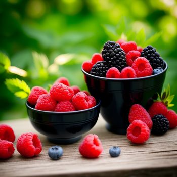 couple of bowls of raspberries and blueberries on a table with leaves in the background and a green leafy background