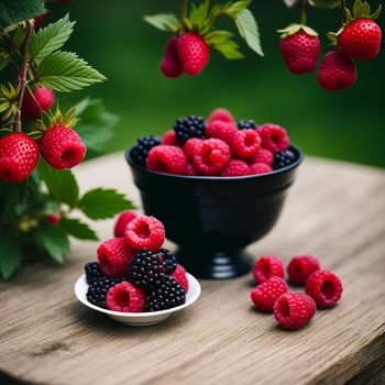 bowl of raspberries and blackberries on a table with a bowl of raspberries in the background