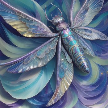 painting of a dragonfly with a blue background and a purple background with a blue and yellow swirl