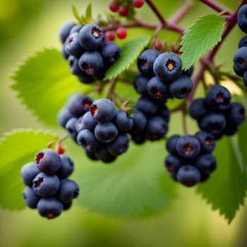 bunch of blueberries hanging from a tree branch with leaves and berries on it's branches