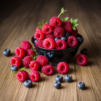 bowl of raspberries and blueberries on a table with other berries around it and a green leaf