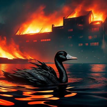 black swan floating on top of a lake next to a fire filled building on fire raging down the side of a building