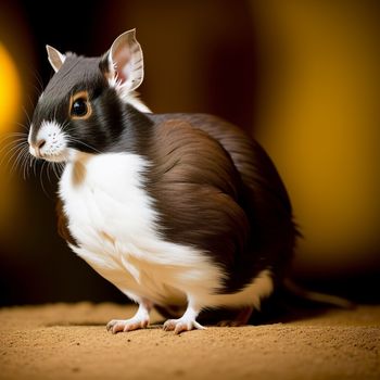 small black and white animal standing on a brown surface with a yellow ball in the background and a black and white cat behind it