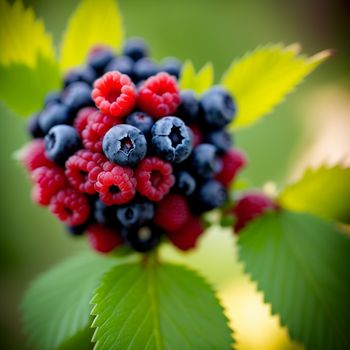 bunch of berries that are on a branch with leaves on it and a green background with a red berry