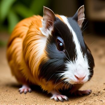 black and white and orange guinea pig on a brown surface with a green plant in the background and a black and white guinea