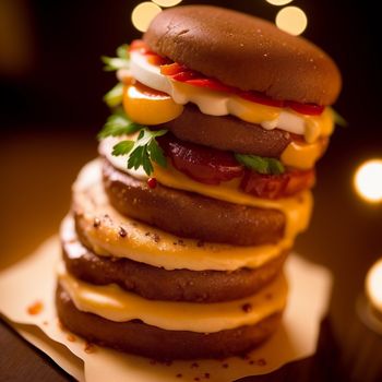 stack of food sitting on top of a table next to a candle and a lit candle holder with a lit candle