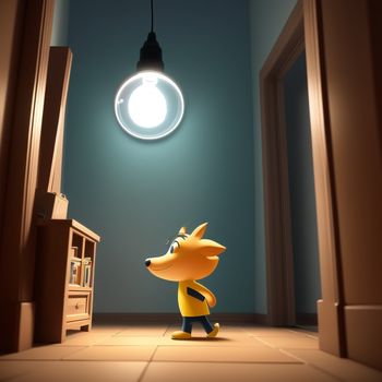 cartoon character is standing in a room with a light on the ceiling and a bookcase in the corner