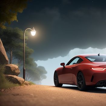 red sports car parked on a street at night with a street light in the background and a dark sky