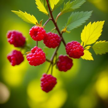 branch with berries and leaves on it in a forest setting with green leaves and bright yellow sunlight shining through the leaves