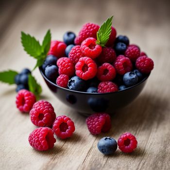 bowl of berries and raspberries on a table with mint leaves and blueberries in the bowl