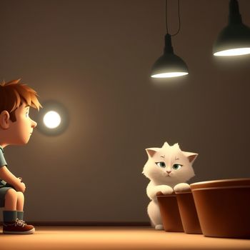 boy sitting on a stool next to a cat in a room with lights on and a cat sitting on the floor