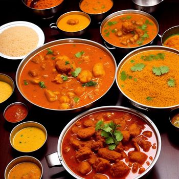 table topped with bowls of different types of food and sauces on it's sides and a plate of rice