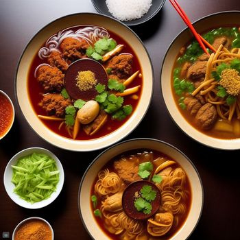 table topped with bowls of soup and bowls of soup with chopsticks and sauces on top