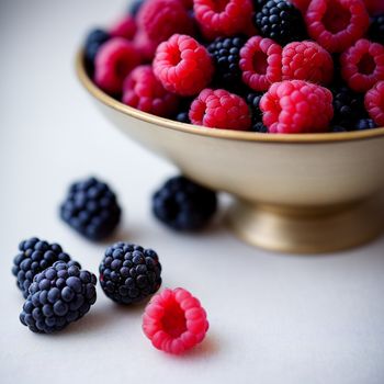 bowl of raspberries and blackberries on a table with other berries in it and a few raspberries scattered around