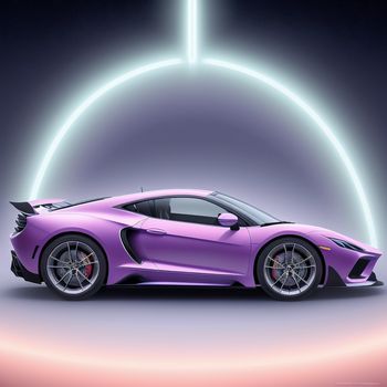 purple sports car is shown in a neon light tunnel with a bright circle behind it and a bright light behind it