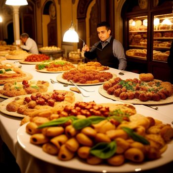 man standing in front of a table filled with food and plates of food on it