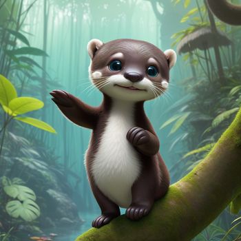 cartoon animal is standing on a branch in the jungle with a blue eyes and a brown body and white chest