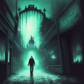 man walking down a dark alley way with a clock tower in the background and a green light shining down on him