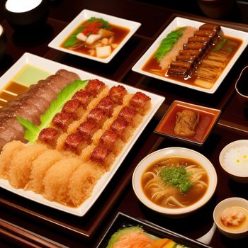 table topped with plates of food and bowls of soups and sauces on it's sides