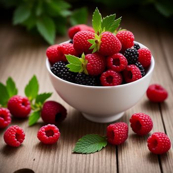 bowl of berries and raspberries with leaves on a wooden table with green leaves and leaves around it