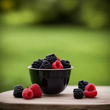 bowl of berries and raspberries on a table outside with a blurry background of grass and trees