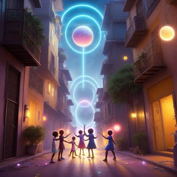 group of children standing in a street with a neon light in the middle of the street and a building in the background