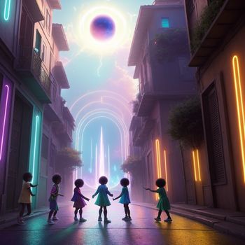 group of children walking down a street in a city at night with neon lights on the buildings and a giant object in the sky