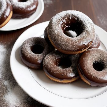 plate of chocolate donuts on a table with a cup of coffee and a plate of donuts