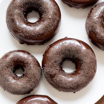 plate of chocolate donuts with chocolate frosting on them and sprinkled with powdered sugar