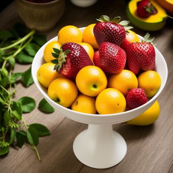 bowl of strawberries and oranges on a table with other fruit on the table behind it and a green plant