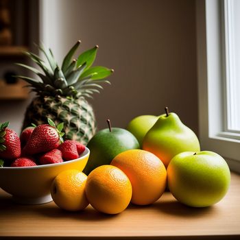 bowl of fruit sitting on a table next to a pineapple and oranges and apples and a strawberry