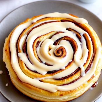 plate with a pastry covered in icing on it's side on a table top with a cup of coffee