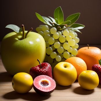 table topped with fruit and a bunch of grapes next to a banana and oranges on top of a table