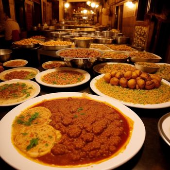 table filled with plates of food and bowls of food on the table and on the wall behind it