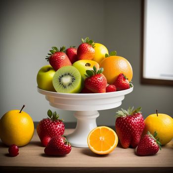 white bowl filled with fruit on top of a table next to oranges and strawberries on a table