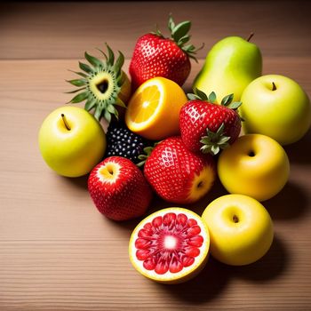 pile of fruit sitting on top of a wooden table next to a cut in half kiwi and a banana