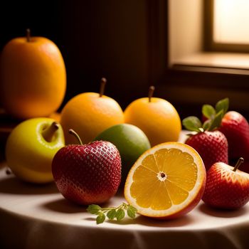 table topped with fruit and a window sill filled with sunlight shining through the window sill and a slice of fruit