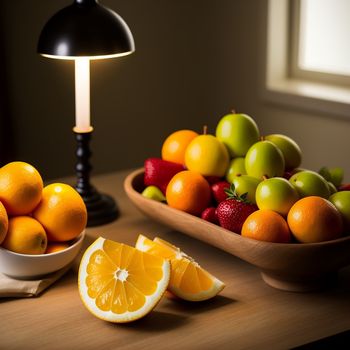 bowl of fruit sitting on a table next to a bowl of fruit and a lamp on a table