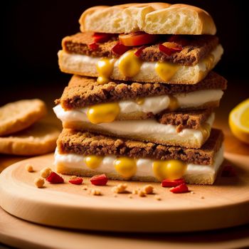 stack of three sandwiches sitting on top of a wooden plate next to a lemon slice and a slice of bread