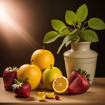 vase with a plant and some fruit on a table next to it and a vase with a lemon and strawberry