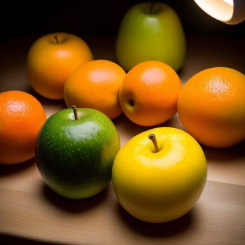 group of fruit sitting on top of a wooden table next to an orange and an apple on a table