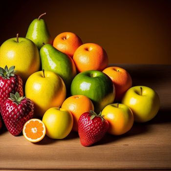 pile of fruit sitting on top of a wooden table next to a orange and a strawberry on top of a table