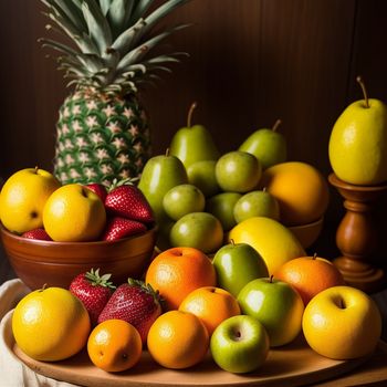 plate of fruit with a pineapple and a bowl of fruit on the side of the plate on the table