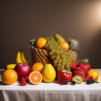 table topped with a basket of fruit and a bunch of grapes and oranges next to a pile of apples