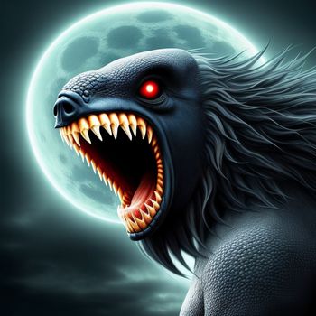 monster with its mouth open and glowing red eyes in front of a full moon with a wolf like creature
