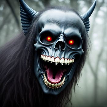 demonic demon with red eyes and long hair is shown in front of a forest background with trees and branches