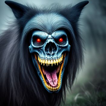 demonic looking animal with red eyes and fangs on its face and mouth is shown in this image with a black background