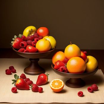 painting of fruit on a table with a cloth on it and a bowl of strawberries and oranges