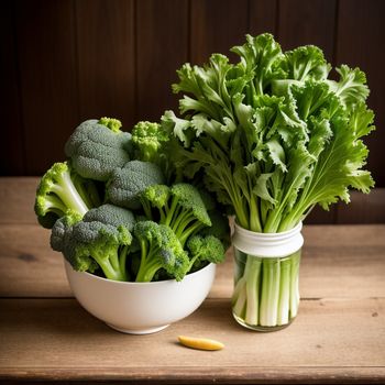 bowl of broccoli and a glass of water on a table with a wooden background and a white bowl of broccoli