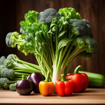 bunch of vegetables sitting on a table together with a wooden background behind them and a wooden table with a wooden surface